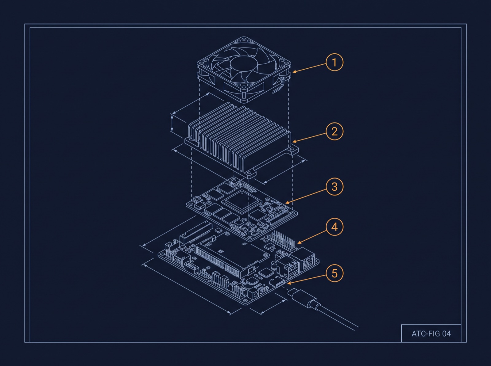 Exploded engineering drawing of an embedded compute module: fan, heatsink, module, and carrier board, with a USB-C cable.