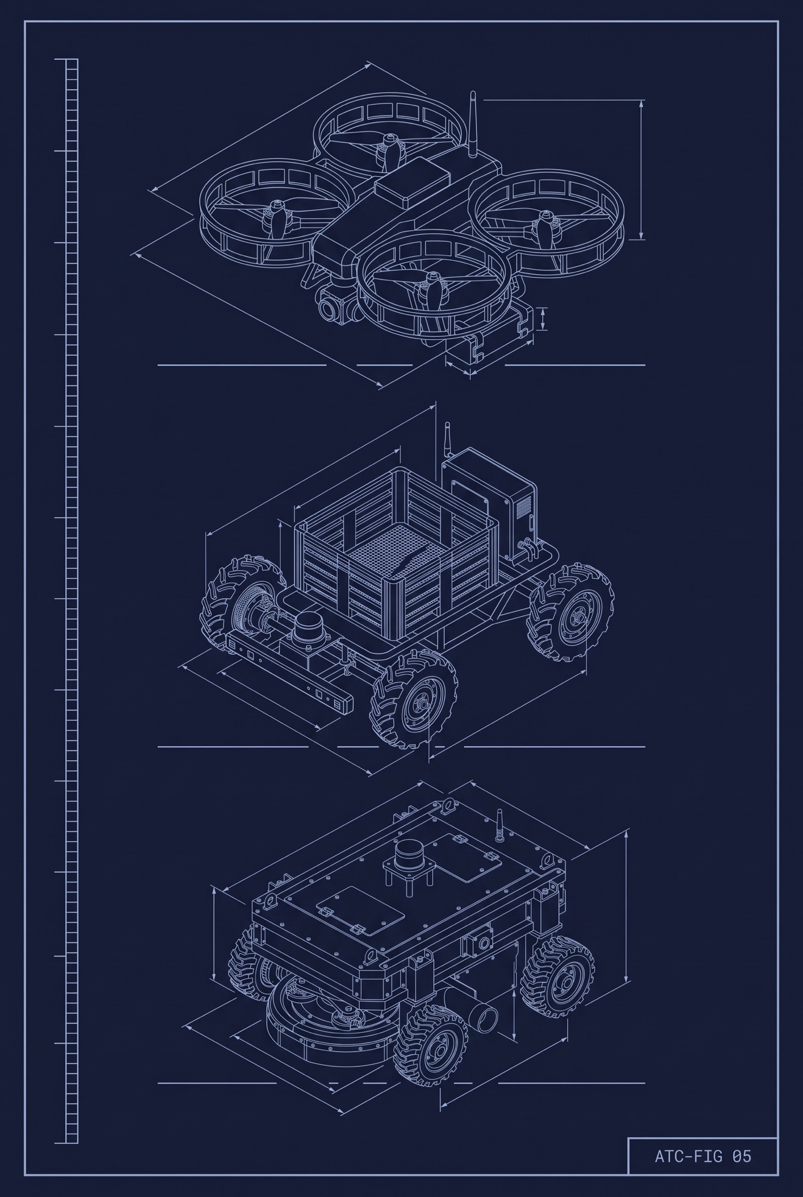 Engineering drawing of an inventory drone, an agricultural cart robot, and a floor grinding robot, stacked vertically at the same scale.